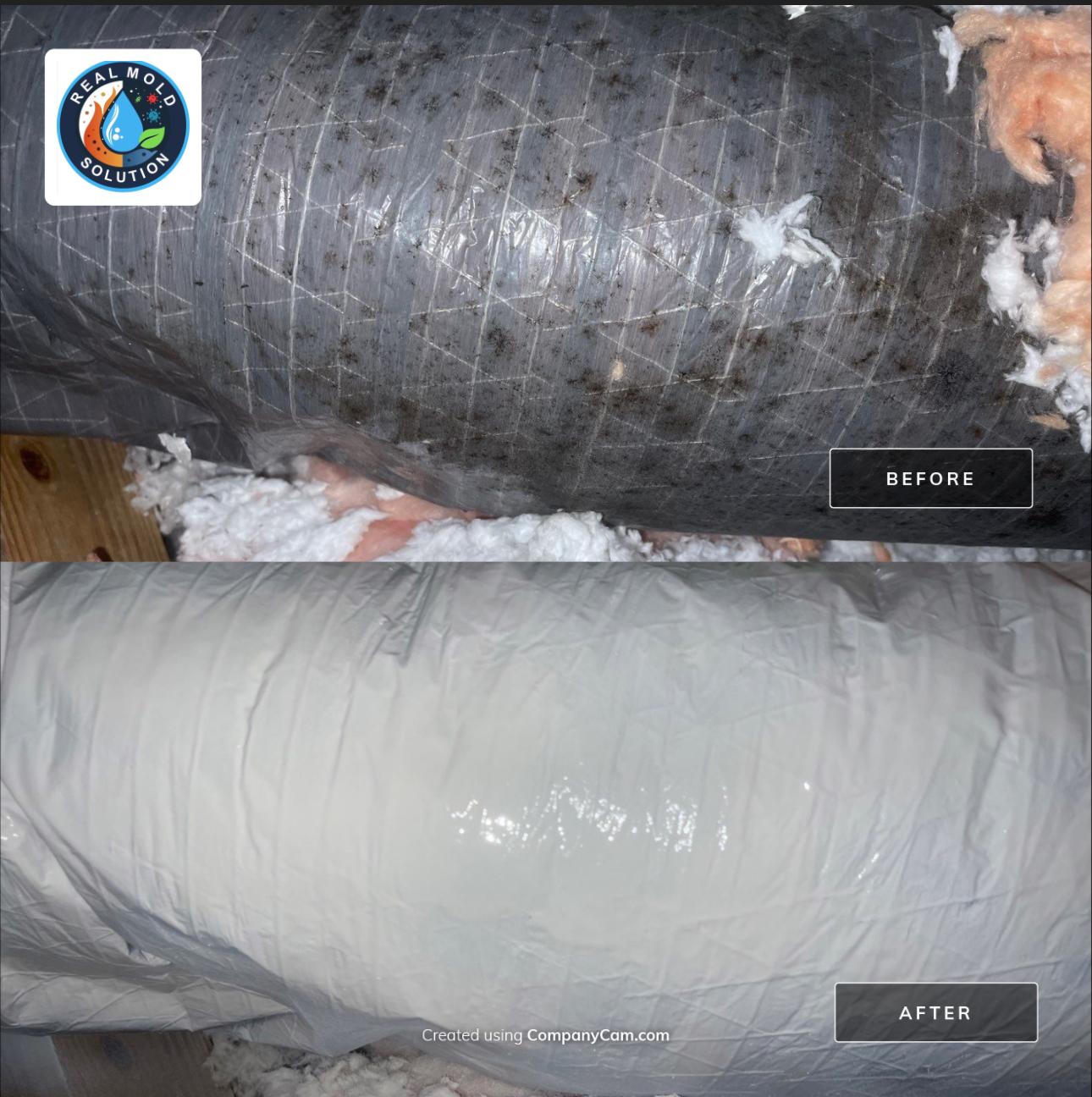 Attic flex duct — mold before, encapsulated after · Central Florida · before/after