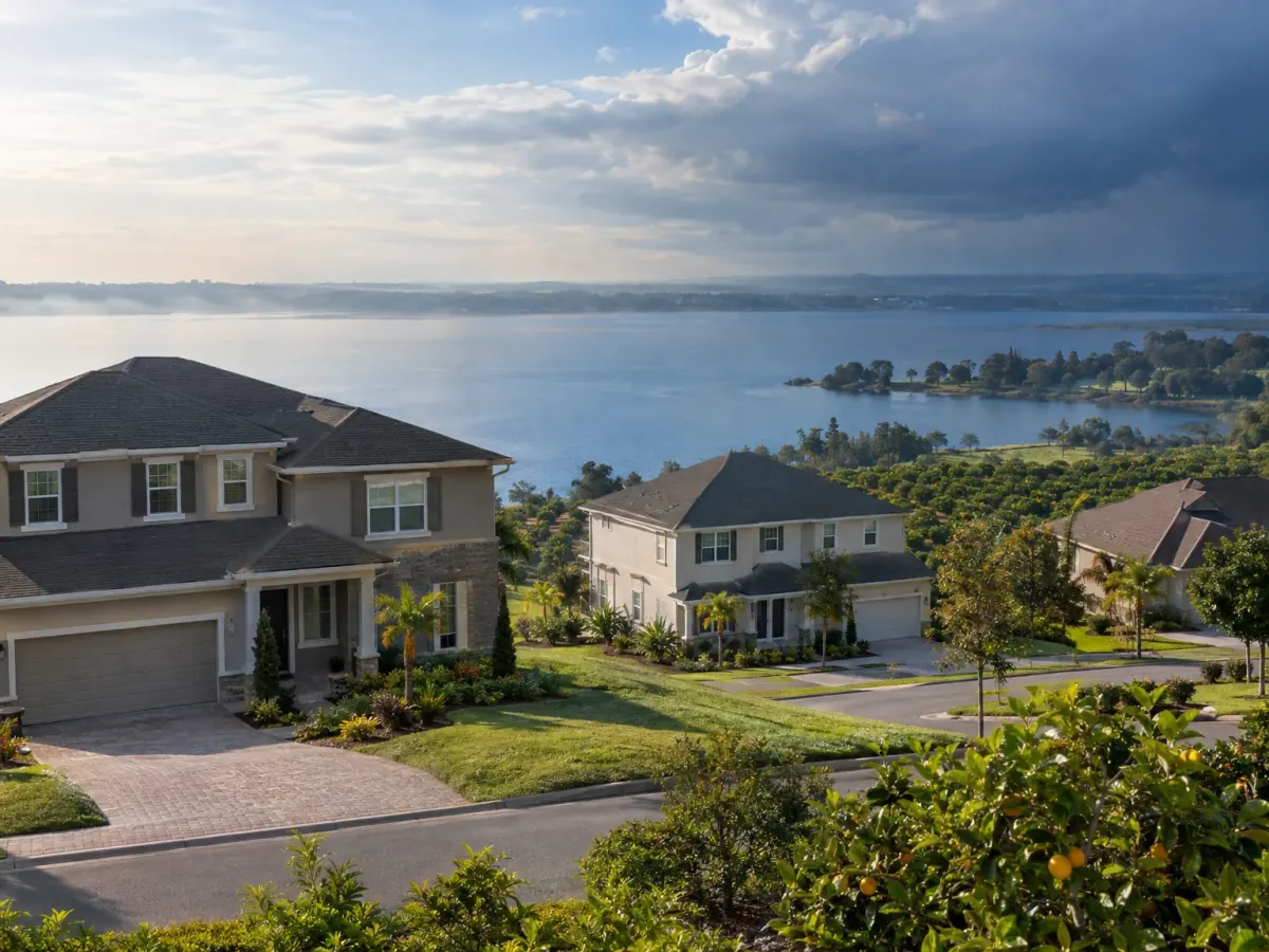 Mold remediation in Clermont, FL · illustrative image of two-story hillside homes above a lake as storm clouds move in
