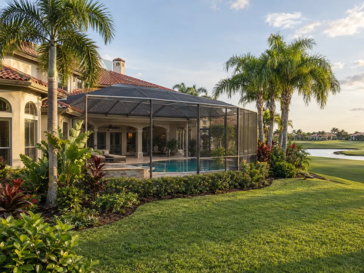 Mold remediation in Dr. Phillips, FL · illustrative image of stucco estate with a clay tile roof and screened pool lanai