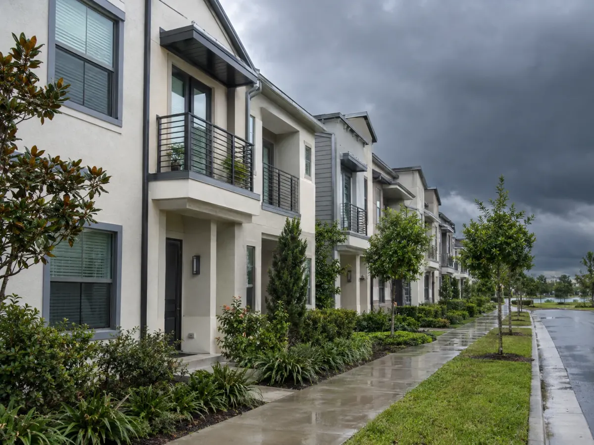 Mold remediation in Lake Nona, FL · illustrative image of new stucco townhomes on a wet sidewalk as rain clouds roll in
