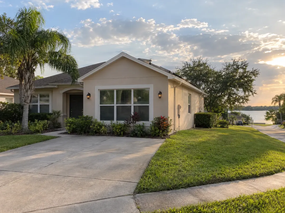 Mold remediation in Ocoee, FL · illustrative image of stucco home with a converted garage and a lake at the end of the street