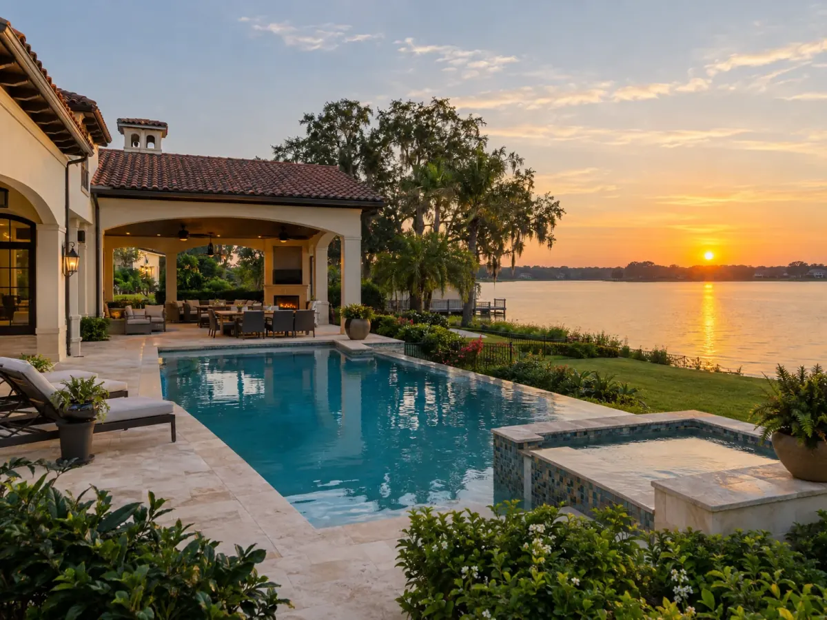 Mold remediation in Windermere, FL · illustrative image of lakefront estate with a clay tile roof, pool and covered patio