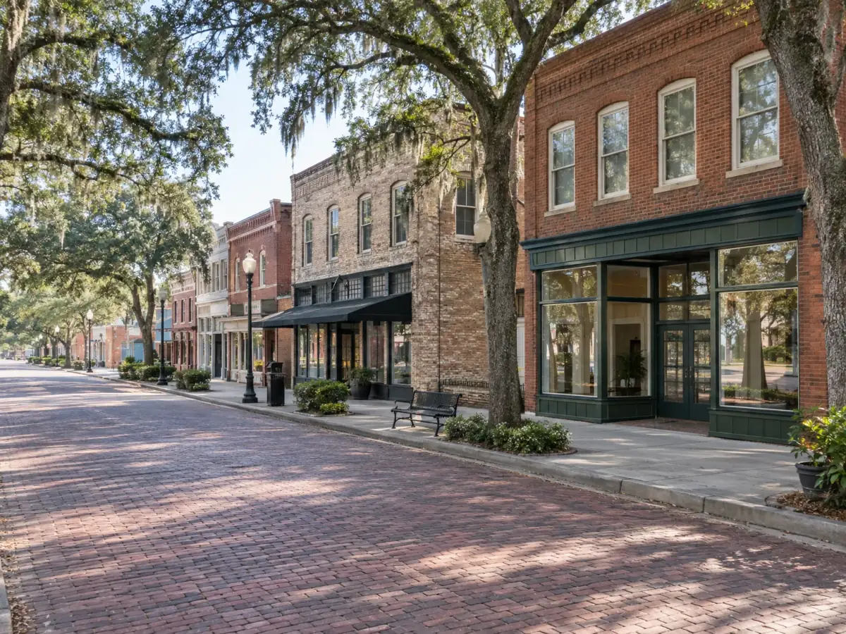 Mold remediation in Winter Garden, FL · illustrative image of historic brick storefronts on a brick street under live oaks