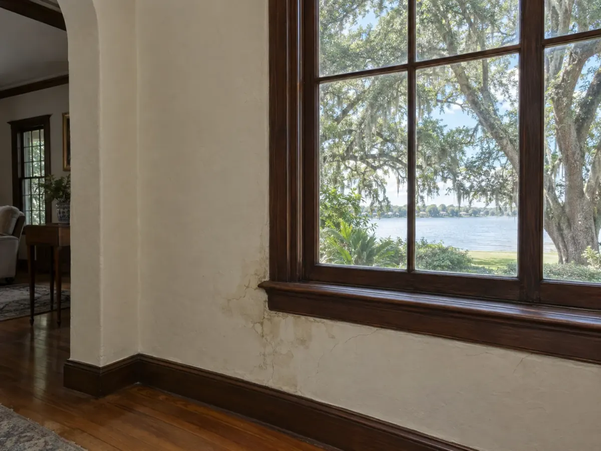 Mold remediation in Winter Park, FL · illustrative image of plaster wall with a moisture stain below a lakeview window